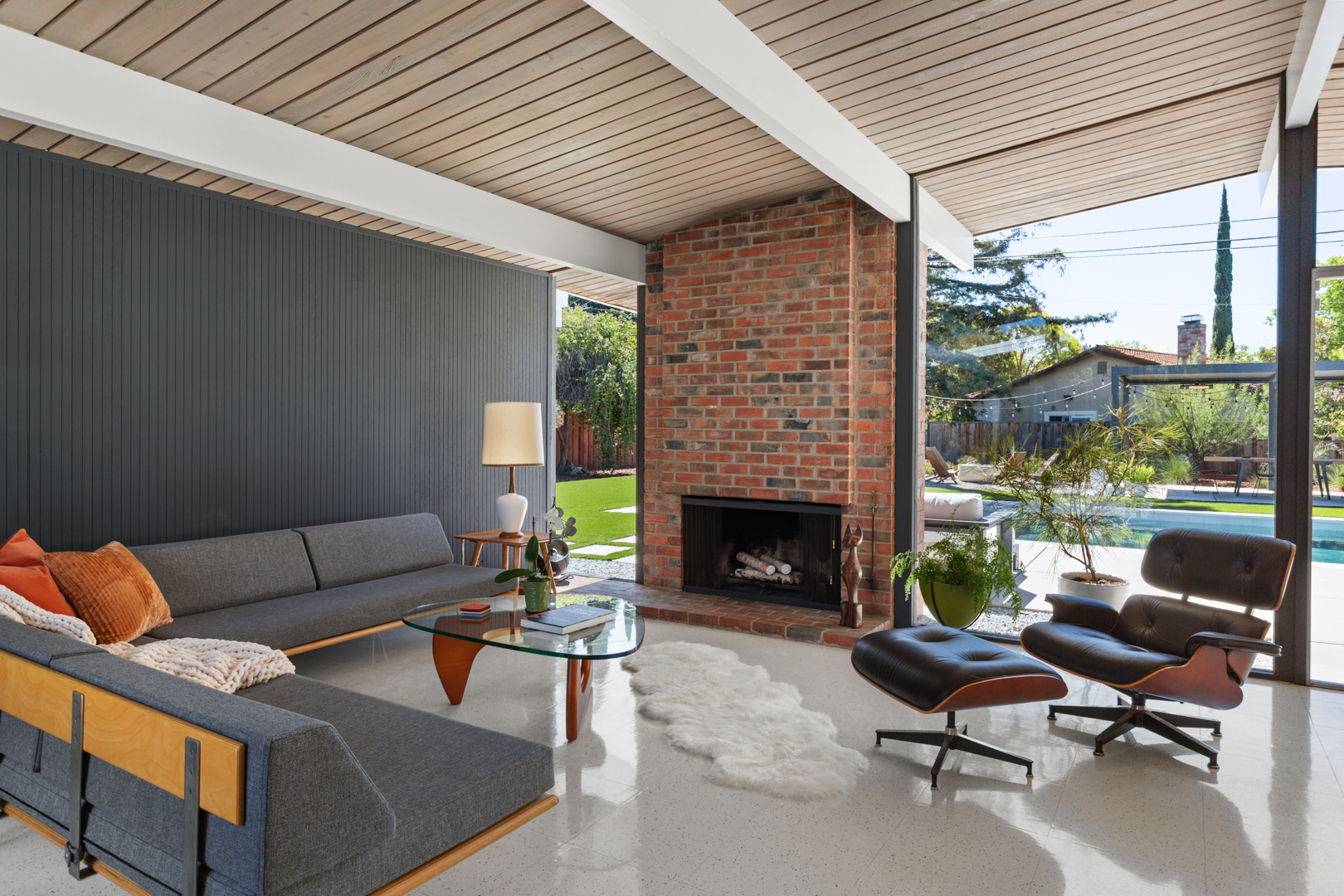 The post-and-beam construction is on show in the interiors