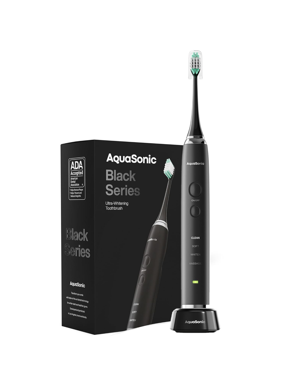 Aquasonic, Aquasonic Black Series Ultra Whitening Toothbrush – Ada Accepted Electric Toothbrush- 8 Brush Heads & Travel Case – 40,000 Vpm Electric Motor & Wireless Charging - 4 Modes W Smart Timer
