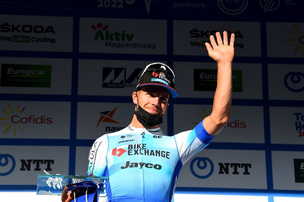 KAZINCBARCIKA HUNGARY MAY 14 Dylan Groenewegen of Netherlands and Team BikeExchange Jayco celebrates winning the stage on the podium ceremony after the 43rd Tour de Hongrie 2022 Stage 4 a 177km stage from Kazincbarcika to Kazincbarcika tourdehongrie on May 14 2022 in Kazincbarcika Hungary Photo by Dario BelingheriGetty Images
