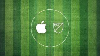 Apple and MLS logos on a soccer field.