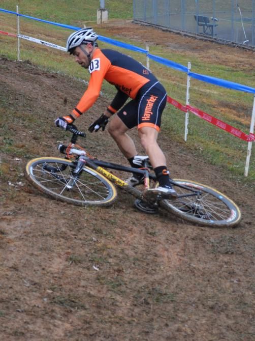 Jared Nieters (SEAVS/Haymarket) was the first of many riders to have difficulties on this off-camber sector.