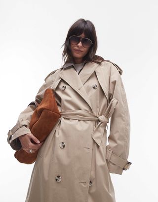 Topshop Longline Oversized Trench Coat in Stone