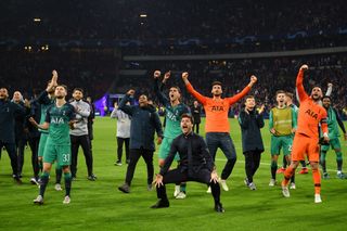 Chelsea boss Mauricio Pochettino, Manager of Tottenham Hotspur celebrates victory with his team after the UEFA Champions League Semi Final second leg match between Ajax and Tottenham Hotspur at the Johan Cruyff Arena on May 08, 2019 in Amsterdam, Netherlands. (Photo by Dan Mullan/Getty Images )