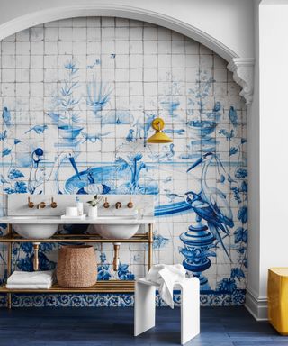 wall mural with classic Portuguese tiled effect design and double basin vanity