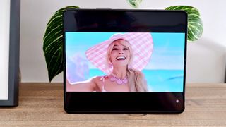 Samsung Galaxy Z Fold 5 viewing Barbie trailer