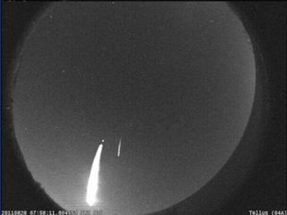 This view from a NASA all sky camera located at Cartersville, Ga., shows a brilliant meteor as it streaked over the Atlanta area on Aug. 28, 2011.