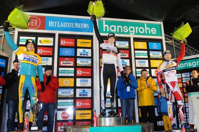 Mathieu van der Poel (BKCP - Powerplus) stands atop the podium