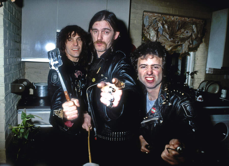 Wurzel, Lemmy Kilmister and Phil Campbell in the kitchen of Lemmy's house in Kensal Rise London UK - Jun 1986.