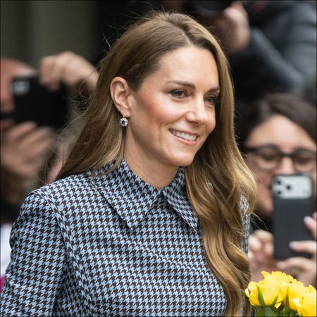 Kate Middleton arrives at children's mental health charity Anna Freud Centre on November 27, 2025 wearing a houndstooth dress, Hugo Boss pumps
