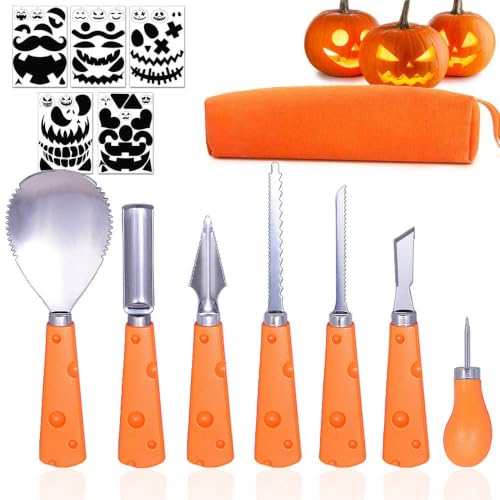7pcs Pumpkin Carving Kit With 12 Stencils, With a Storage Case | Stainless Steel Pumpkin Carving Tools, Double-Side Pumpkin Knife, Non-Slip Abs Handle, Easy Carve Kit for Beginner