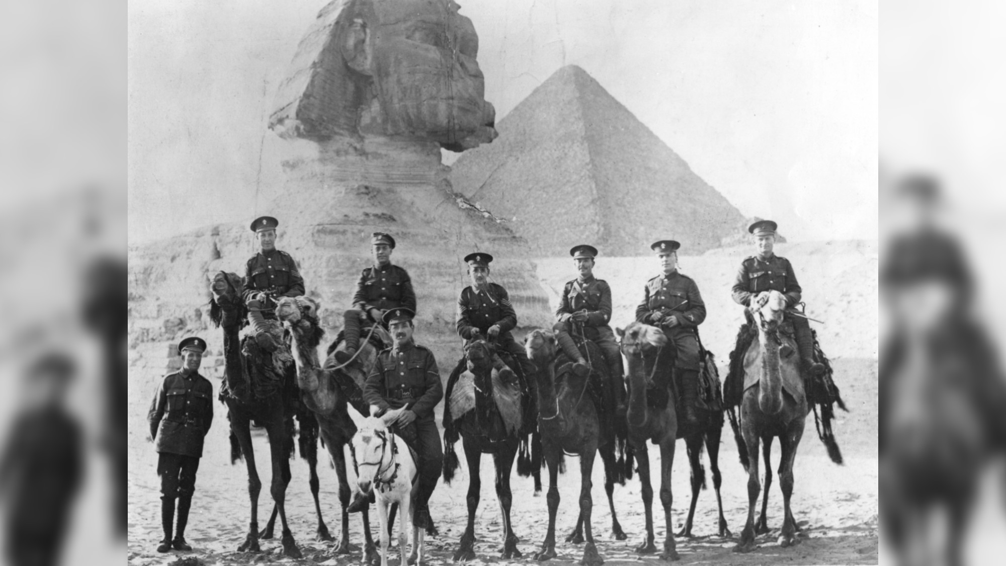 members of the Jewish Legion mounted on camels in front of the sphinx at Giza, Egypt