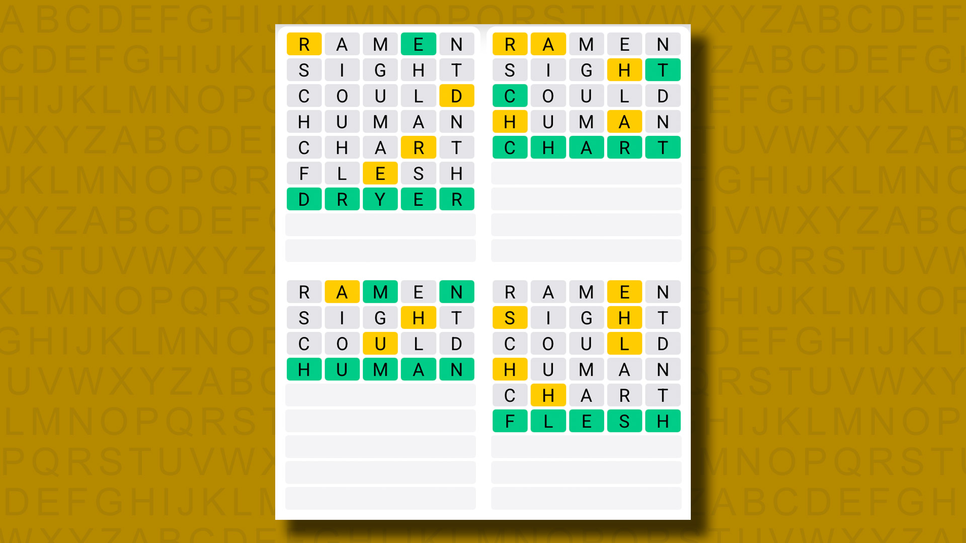 Quordle answers for game 1322 on a yellow background