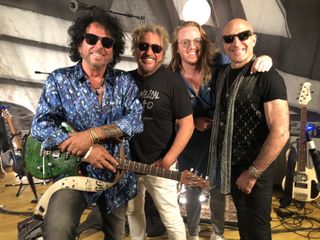 Frank Tanki (r.) is giving AXS TV a musical spin with shows like Rock & Roll Road Trip, featuring (l. to r.) Steve Lukather, Sammy Hagar, Trevor Lukather and Kenny Aronoff.