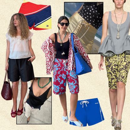a collage of board shorts featuing Sierra Goodhue, Laura Kirk, Dries Van Noten Spring 2026, Miu Miu Spring 2024
