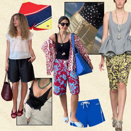 a collage of board shorts featuing Sierra Goodhue, Laura Kirk, Dries Van Noten Spring 2026, Miu Miu Spring 2024
