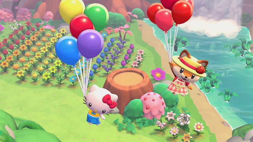 Hello Kitty Island Adventure - Hello Kitty and a player float with balloons together over a field of flowers