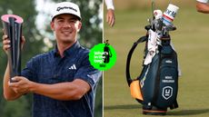 Michael Thorbjornsen holds the Rocket Classic trophy and a close up of his golf bag