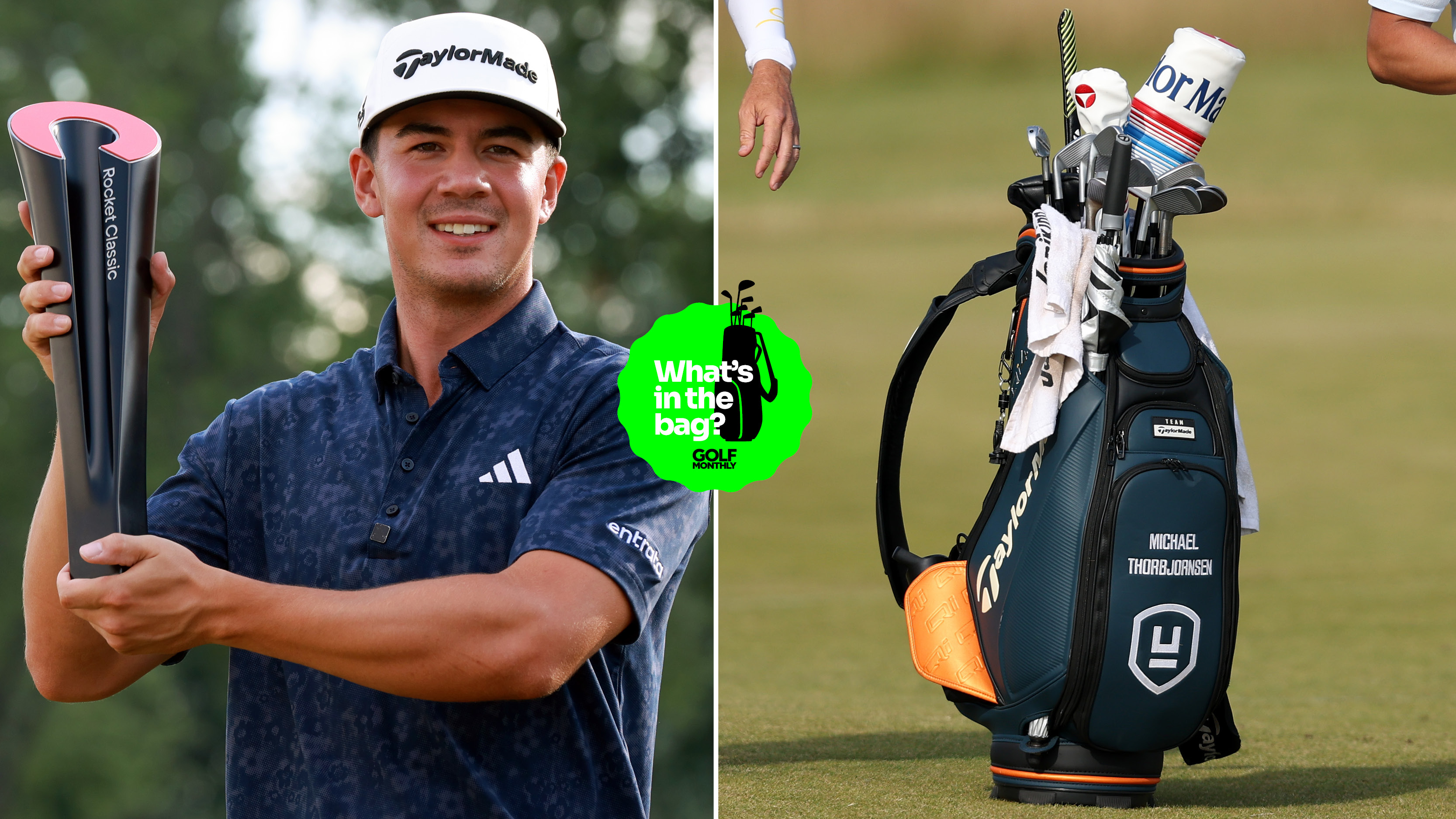 Michael Thorbjornsen holds the Rocket Classic trophy and a close up of his golf bag