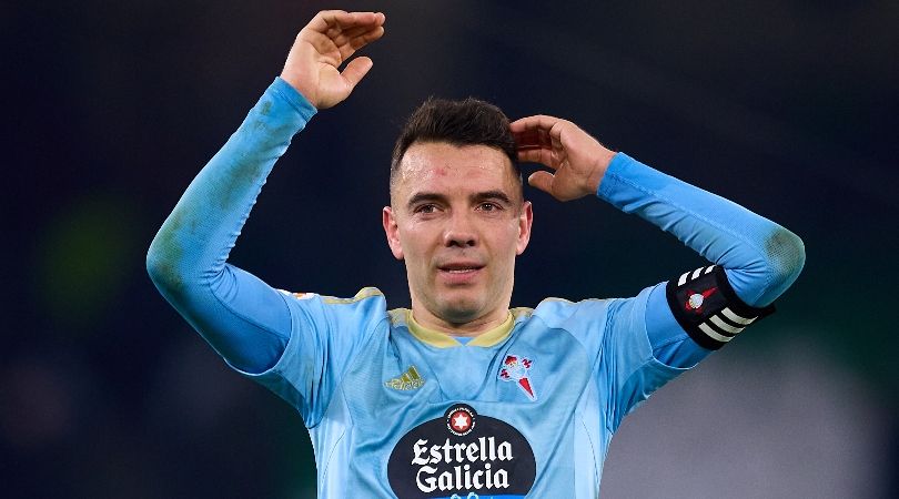 Celta Vigo&#039;s Iago Aspas gestures during a LaLiga game against Real Betis in October 2023.