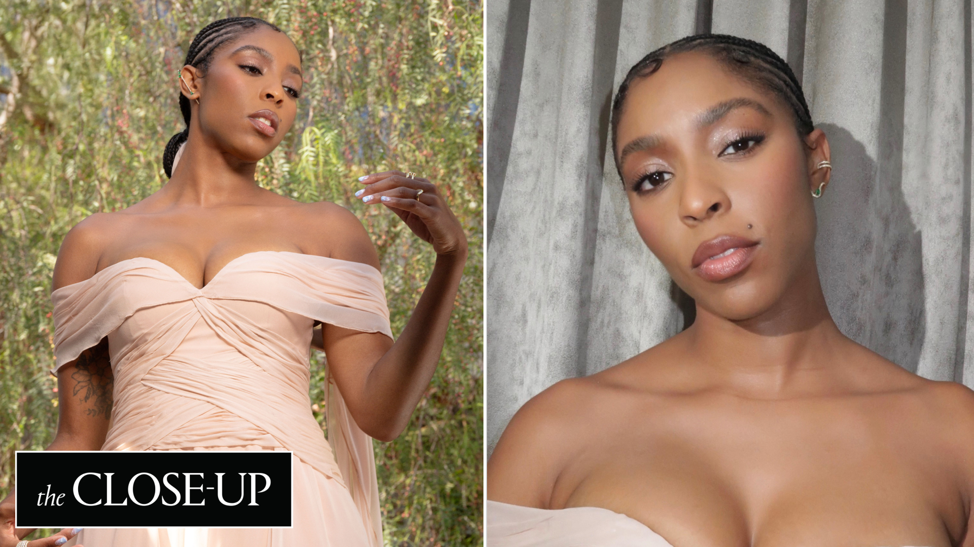 Jessica Williams poses in Rodarte at the 2025 Emmy awards red carpet