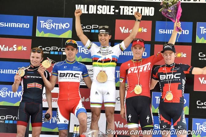Men's cross country podium in Val di Sole (L-R): Mathias Fl&uuml;ckiger, Julien Absalon, Nino Schurter, Jaroslav Kulhavy and Lukas Fl&uuml;ckiger
