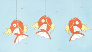 Three of the Pokemon Magikarp hang on fishing lines