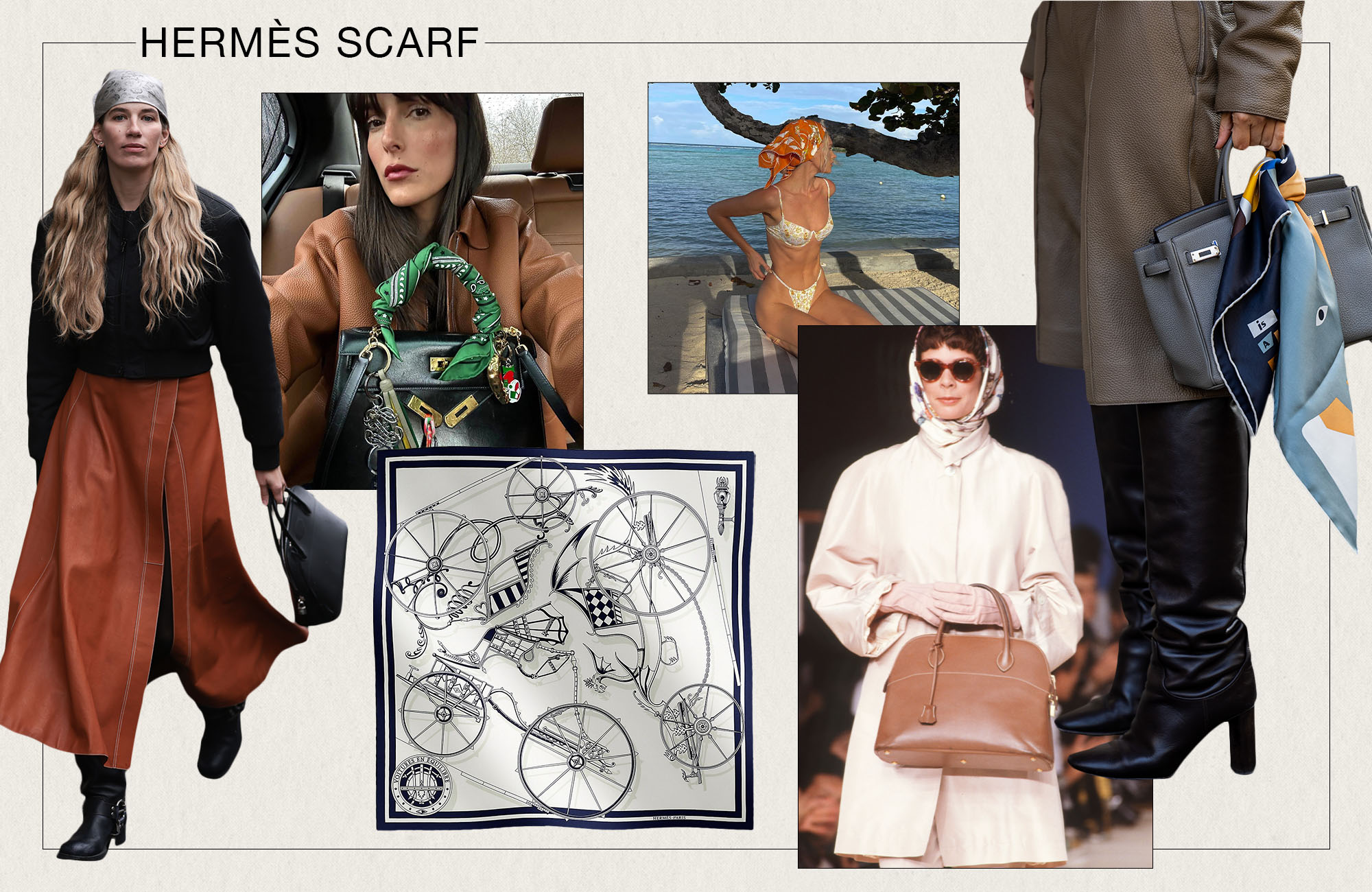 A collage of IG, street style, and runway images showcasing Hermès scarves.
