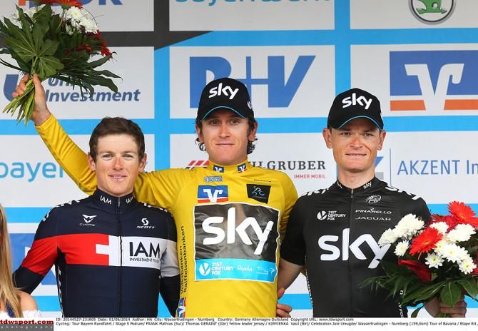 The final 2014 Bayern Rundfahrt podium: Mathias Frank, Geraint Thomas and Vasili Kiryienka