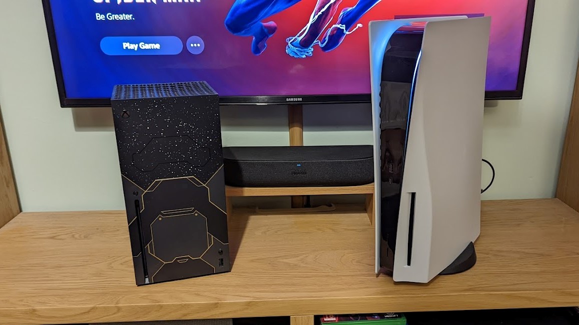 ps5 and halo xbox series x on wooden tv stand