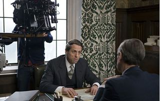 Behind the scenes pic of Hugh Grant in A Very English Scandal