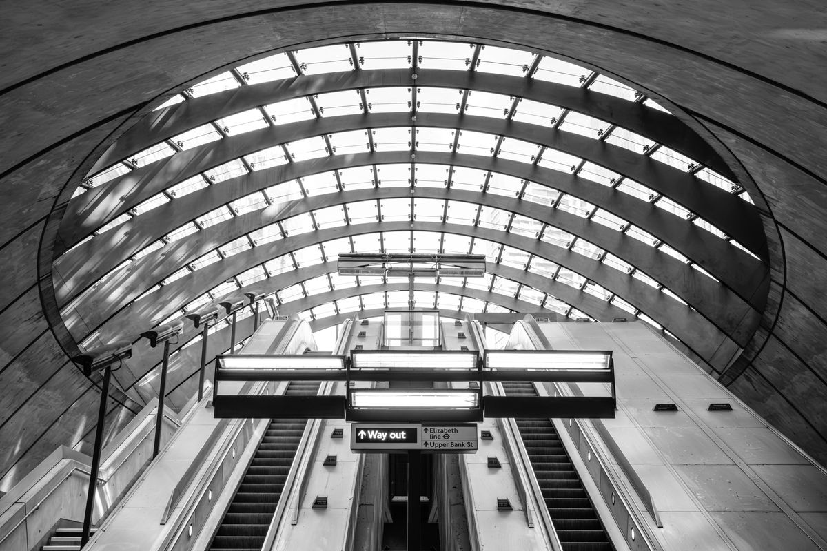 Fujifilm Film Simulation applied to a photo of Canary Wharf tube station in London