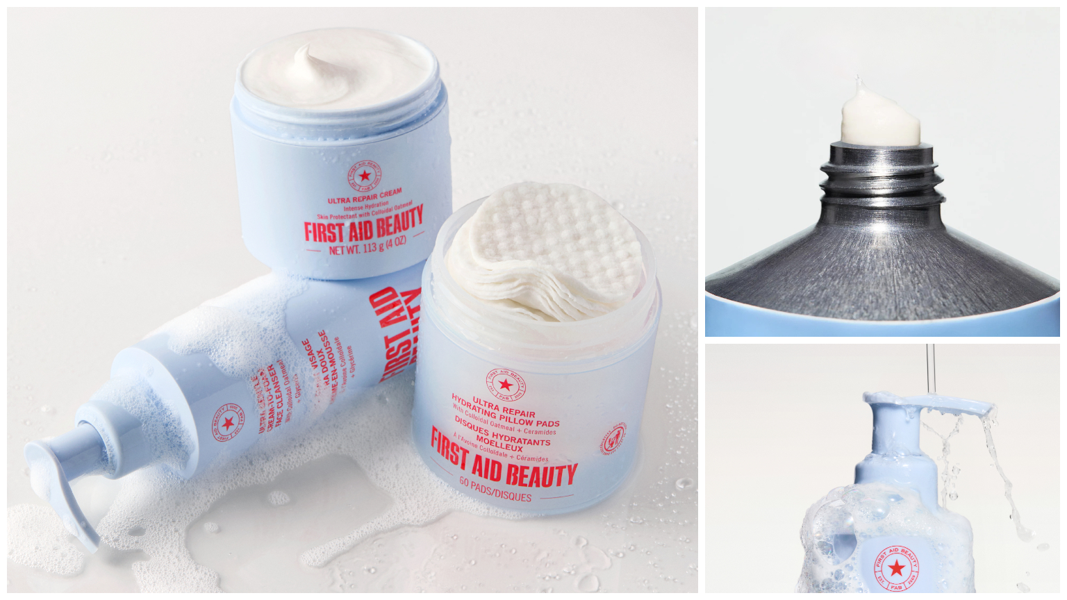 First Aid Beauty collage with blue bottles with red writing