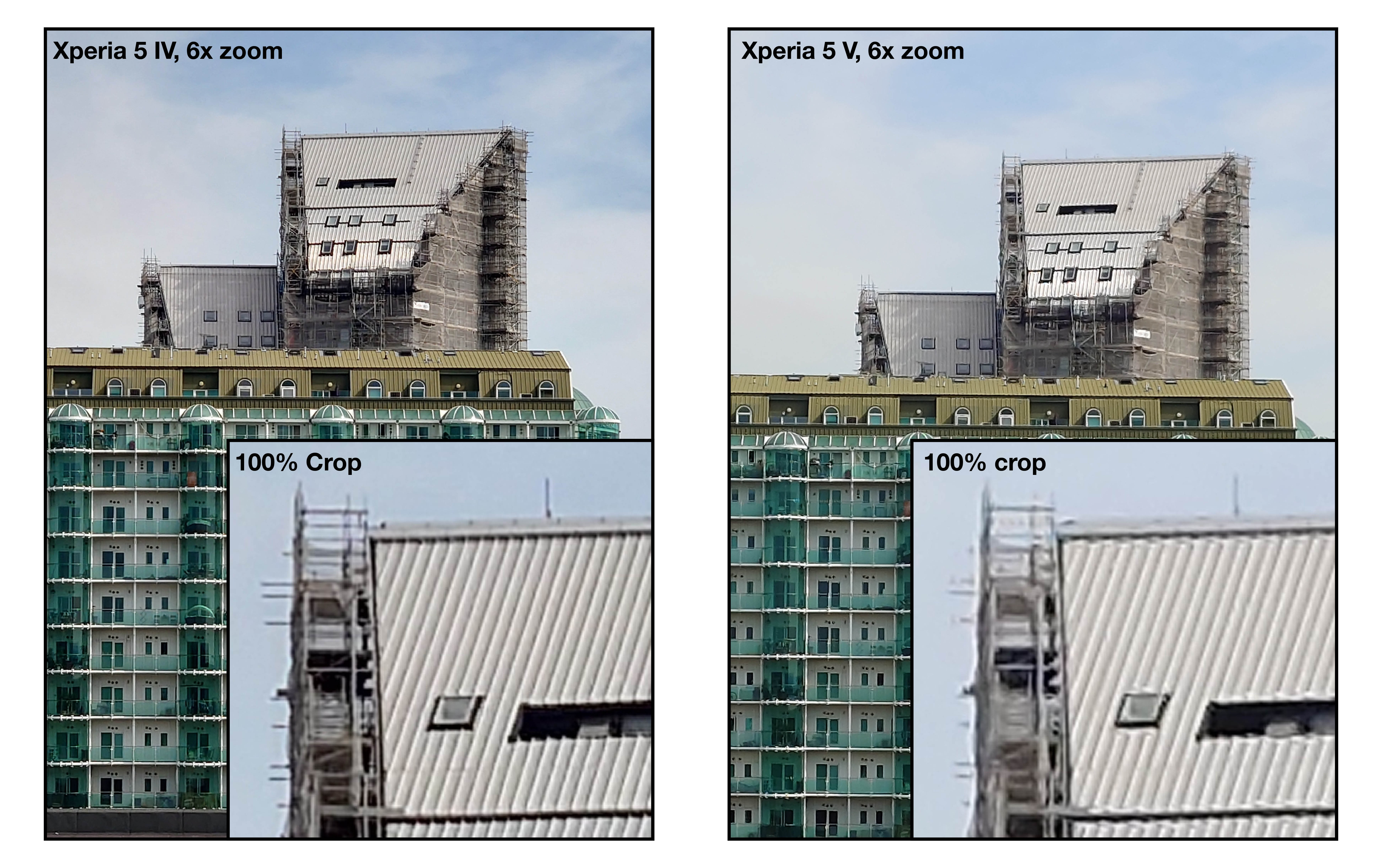 A set of comparison images captured on the Sony Xperia 5 V and 5 IV