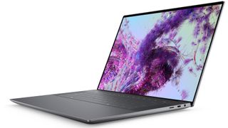 Product shot of Dell XPS 16 (9640) laptop open with display active, on white background