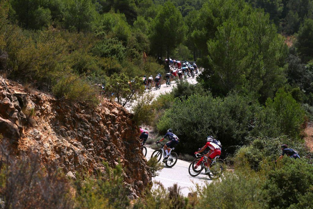 ALTO DE LA MONTAA DE CULLERA SPAIN AUGUST 19 A general view of the peloton during the 76th Tour of Spain 2021 Stage 6 a 1583km stage from Requena to Alto de la Montaa de Cullera 184m lavuelta LaVuelta21 on August 19 2021 in Alto de la Montaa de Cullera Spain Photo by Gonzalo Arroyo MorenoGetty Images