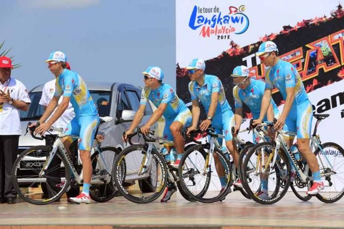 The Astana team take to the stage for the presentation