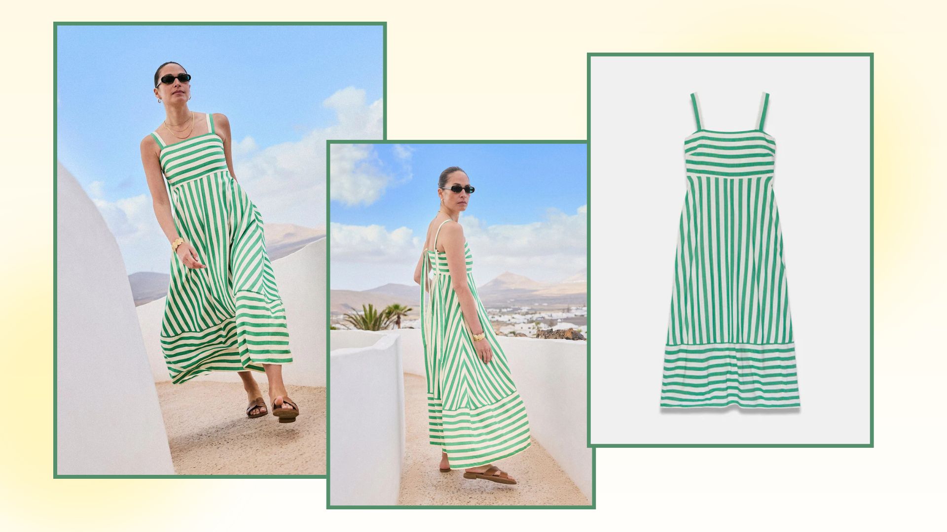 two model shots and a cut out image of the mint velvet striped dress