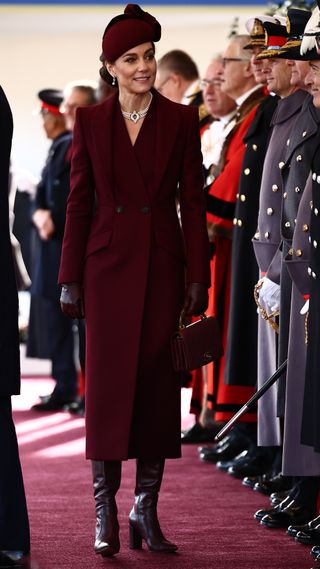 Catherine, Princess of Wales greets dignitaries as she arrives to form part of a Ceremonial Welcome at Horse Guards Parade