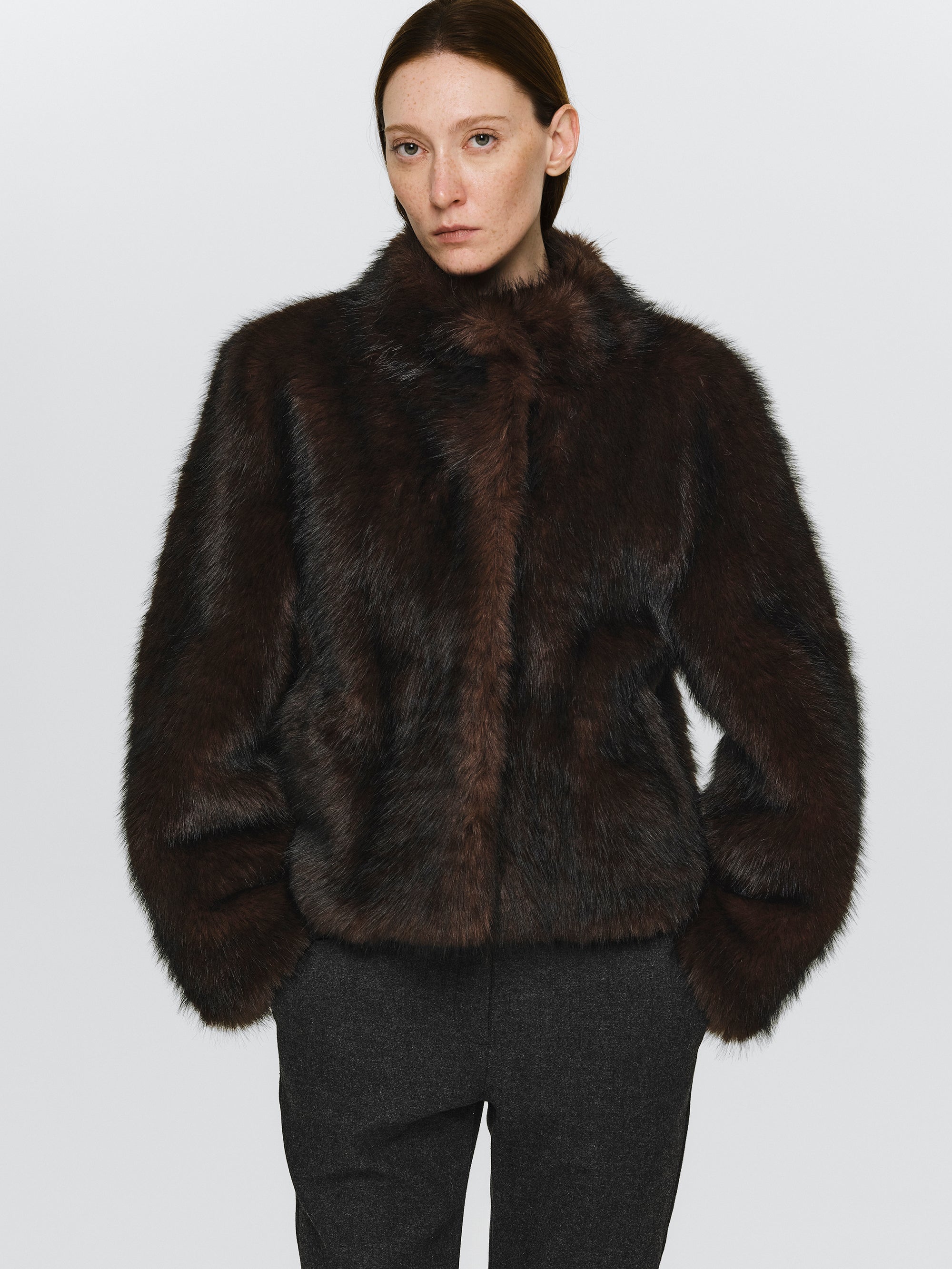 Funnel-Neck Faux-Fur Jacket, Brown