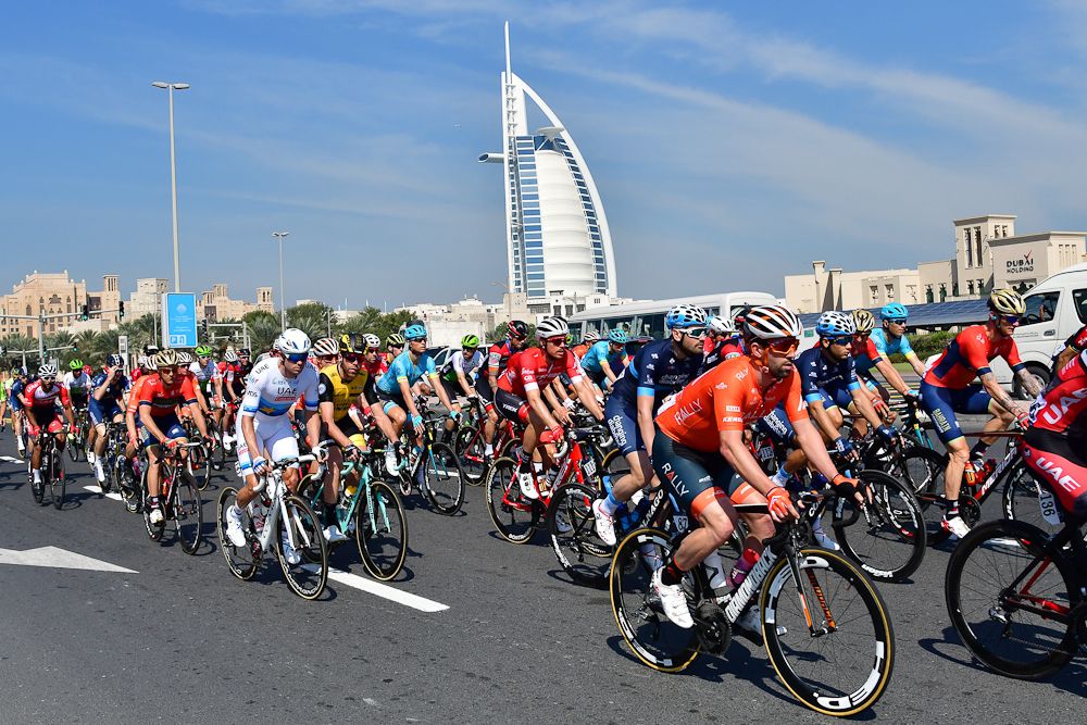 Eric Young rides in the bunch during stage 1 at the Dubai Tour