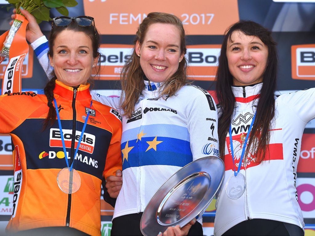 Van der Breggen, Deignan, and Niewiadoma on the podium