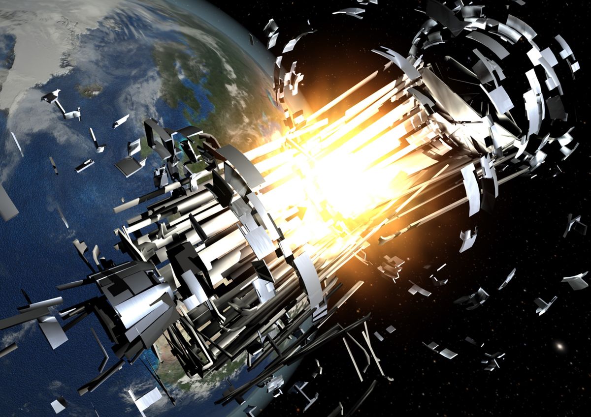 Artist&#039;s illustration of a debris-spawning event in Earth orbit that can cause the Kessler Syndrome. 