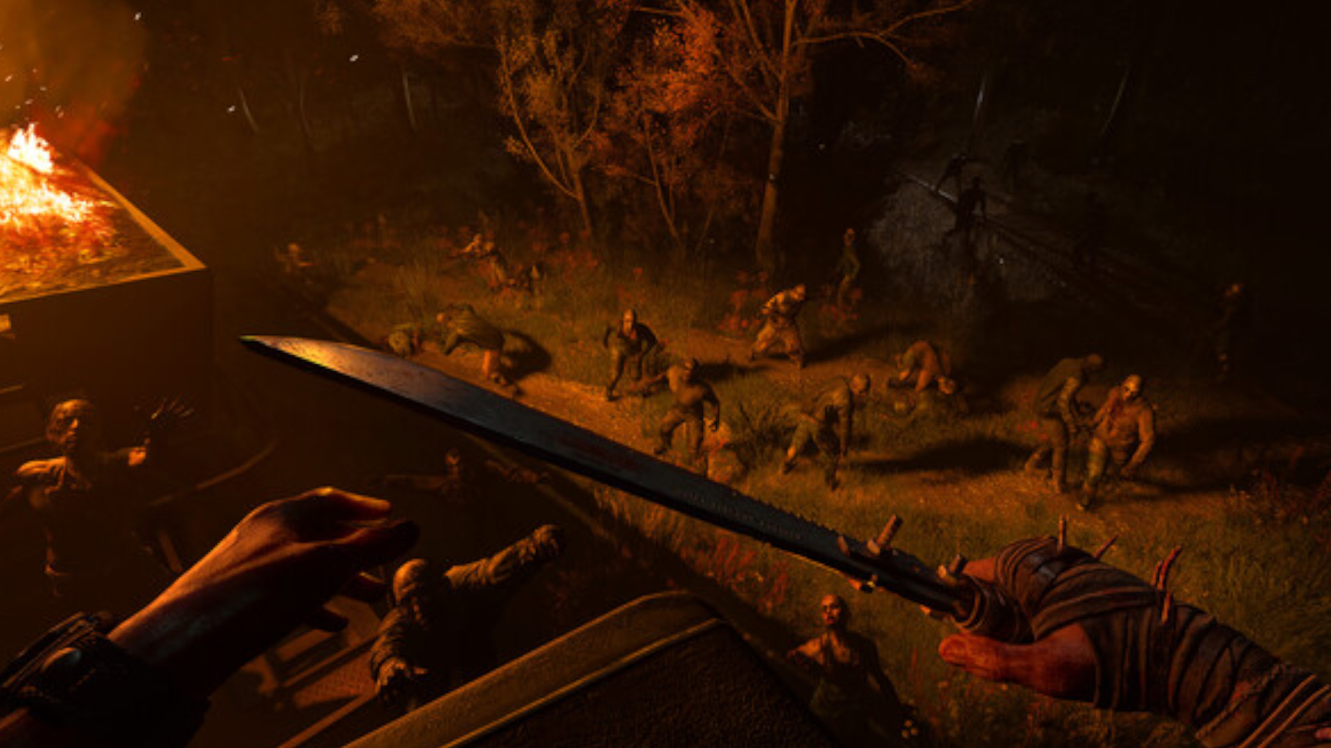 A player holding a knife at night in the upcoming game Dying Light: The Beast.