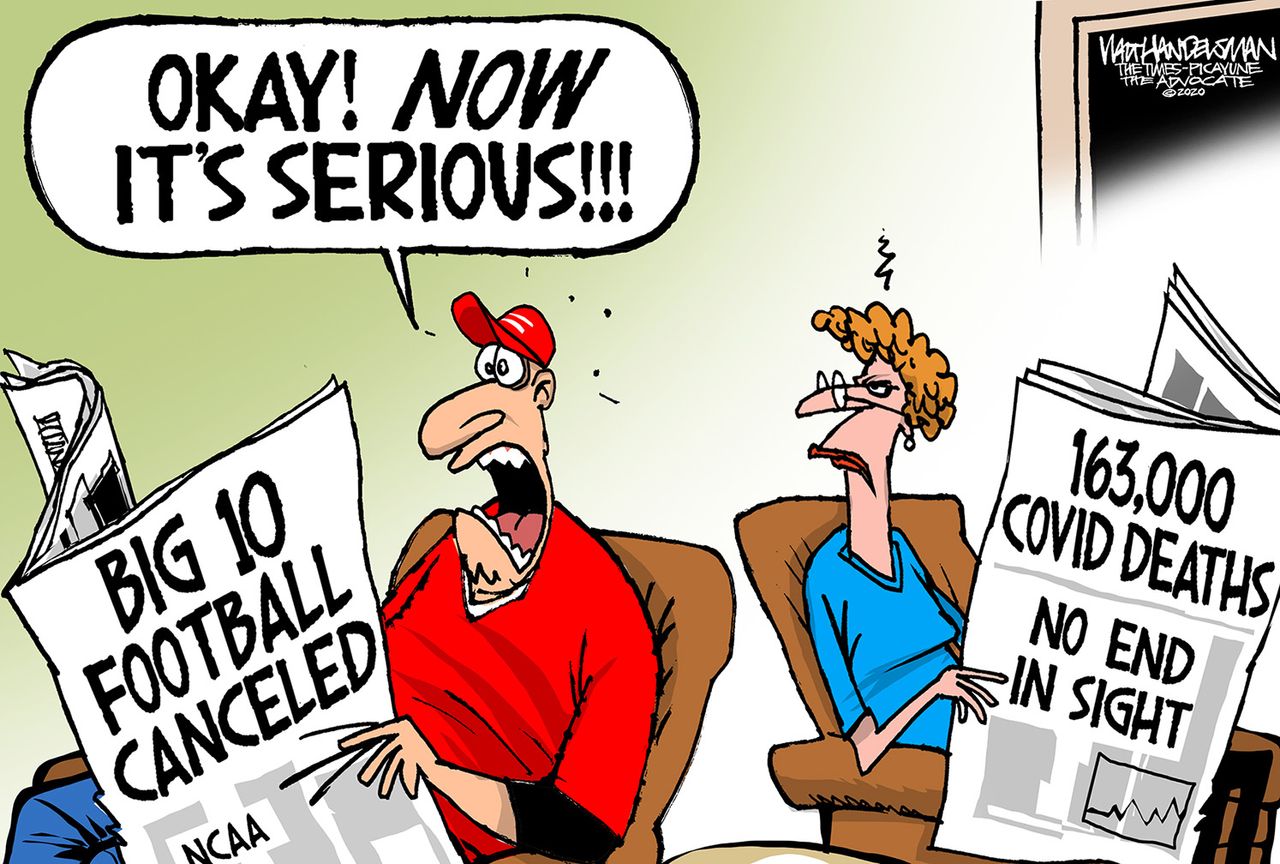 Editorial Cartoon U.S. NCAA Big 10 College Football Canceled Coronavirus