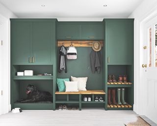 green boot room storage and bench