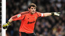 Real Madrid's goalkeeper and captain Iker Casillas reacts during the Spanish Copa del Rey (King's Cup) quarter-final football match Real Madrid CF vs Valencia CF at the Santiago Bernabeu Stad