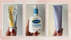 Collage of cleansers for sensitive skin (L-R) Skin + Me Cream Cleanser, Cetaphil Gentle Skin Cleanser and Kate Somerville Goat Milk Cleanser, on a pink watercolour background