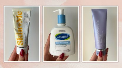 Collage of cleansers for sensitive skin (L-R) Skin + Me Cream Cleanser, Cetaphil Gentle Skin Cleanser and Kate Somerville Goat Milk Cleanser, on a pink watercolour background