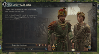 A event screen titled "An Uninvited Skater" in Crusader Kings 3 mod, Pro Crusaders