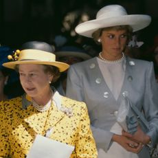 Queen Elizabeth II and Princess Diana attending a wedding on July 30, 1988